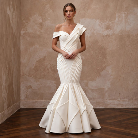 Sculptural Off - White Heavy Crepe Asymmetrical Neckline Mermaid Dress - Apparel & Accessories > Clothing > Wedding & Bridal Party Dresses > Wedding Dresses - Mignonette Bridal