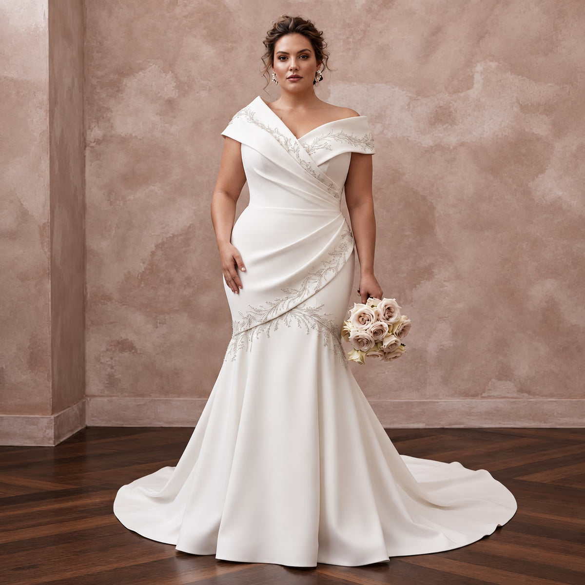 Elegant off-white heavy crepe mermaid dress with asymmetrical neckline and intricate beading details. Perfect for weddings. Main image
