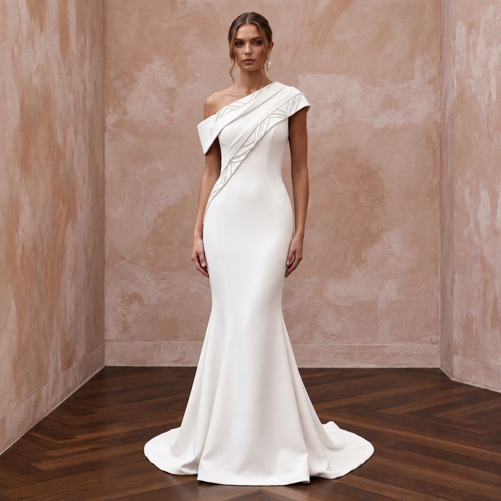 Sculptural Off-White Heavy Crepe Asymmetrical Neckline Mermaid Dress