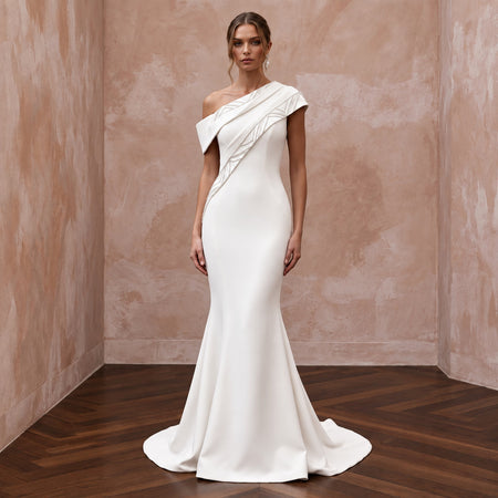 Sculptural Off-White Heavy Crepe Asymmetrical Neckline Mermaid Dress