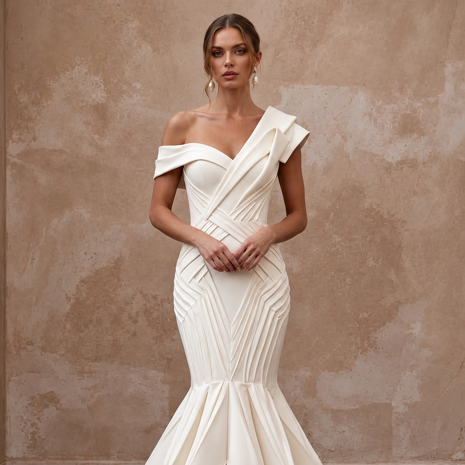 Sculptural Off - White Heavy Crepe Asymmetrical Neckline Mermaid Dress - Apparel & Accessories > Clothing > Wedding & Bridal Party Dresses > Wedding Dresses - Mignonette Bridal
