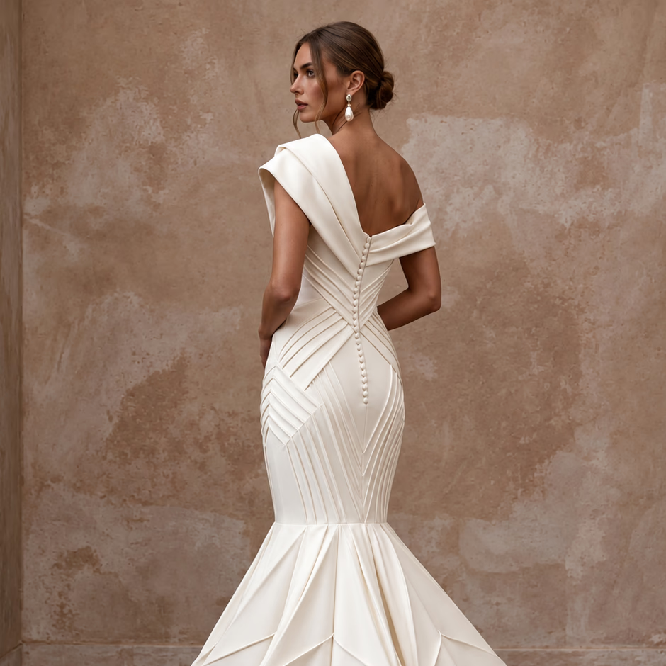 Sculptural Off - White Heavy Crepe Asymmetrical Neckline Mermaid Dress - Apparel & Accessories > Clothing > Wedding & Bridal Party Dresses > Wedding Dresses - Mignonette Bridal