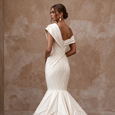 Sculptural Off - White Heavy Crepe Asymmetrical Neckline Mermaid Dress - Apparel & Accessories > Clothing > Wedding & Bridal Party Dresses > Wedding Dresses - Mignonette Bridal