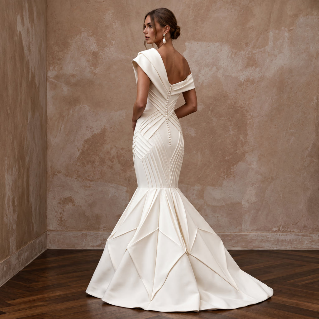 Sculptural Off - White Heavy Crepe Asymmetrical Neckline Mermaid Dress - Apparel & Accessories > Clothing > Wedding & Bridal Party Dresses > Wedding Dresses - Mignonette Bridal