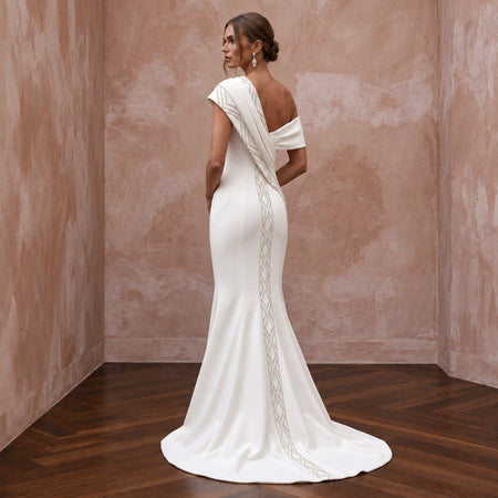 Sculptural Off-White Heavy Crepe Asymmetrical Neckline Mermaid Dress