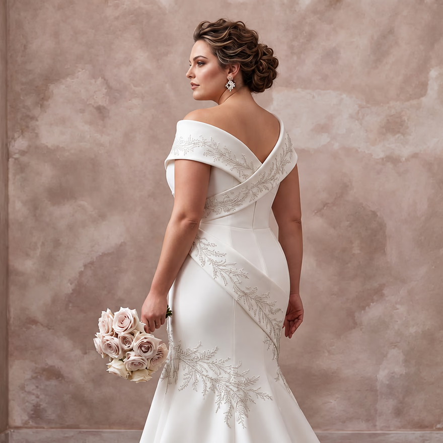 Elegant off-white mermaid dress with sculptural asymmetrical neckline and floral embellishments, perfect for special occasions.