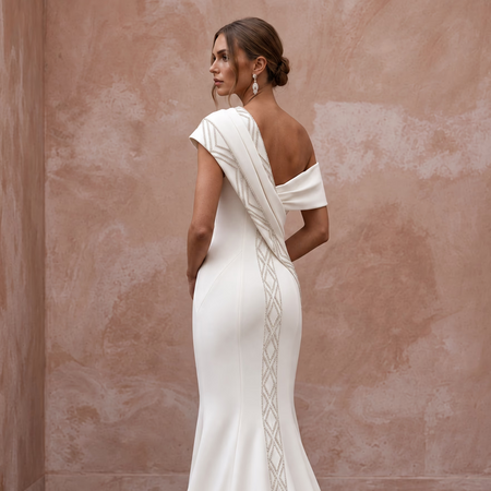 Sculptural Off-White Heavy Crepe Asymmetrical Neckline Mermaid Dress