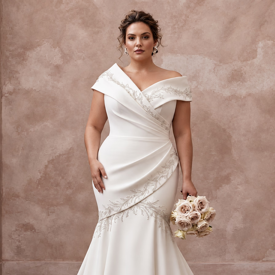 Off-white heavy crepe mermaid dress with asymmetrical neckline and elegant floral embellishments. Perfect for weddings.