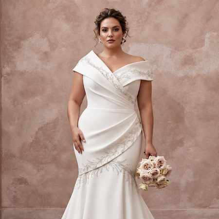 Off-white heavy crepe mermaid dress with asymmetrical neckline and elegant floral embellishments. Perfect for weddings.