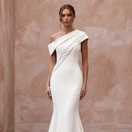 Sculptural Off-White Heavy Crepe Asymmetrical Neckline Mermaid Dress