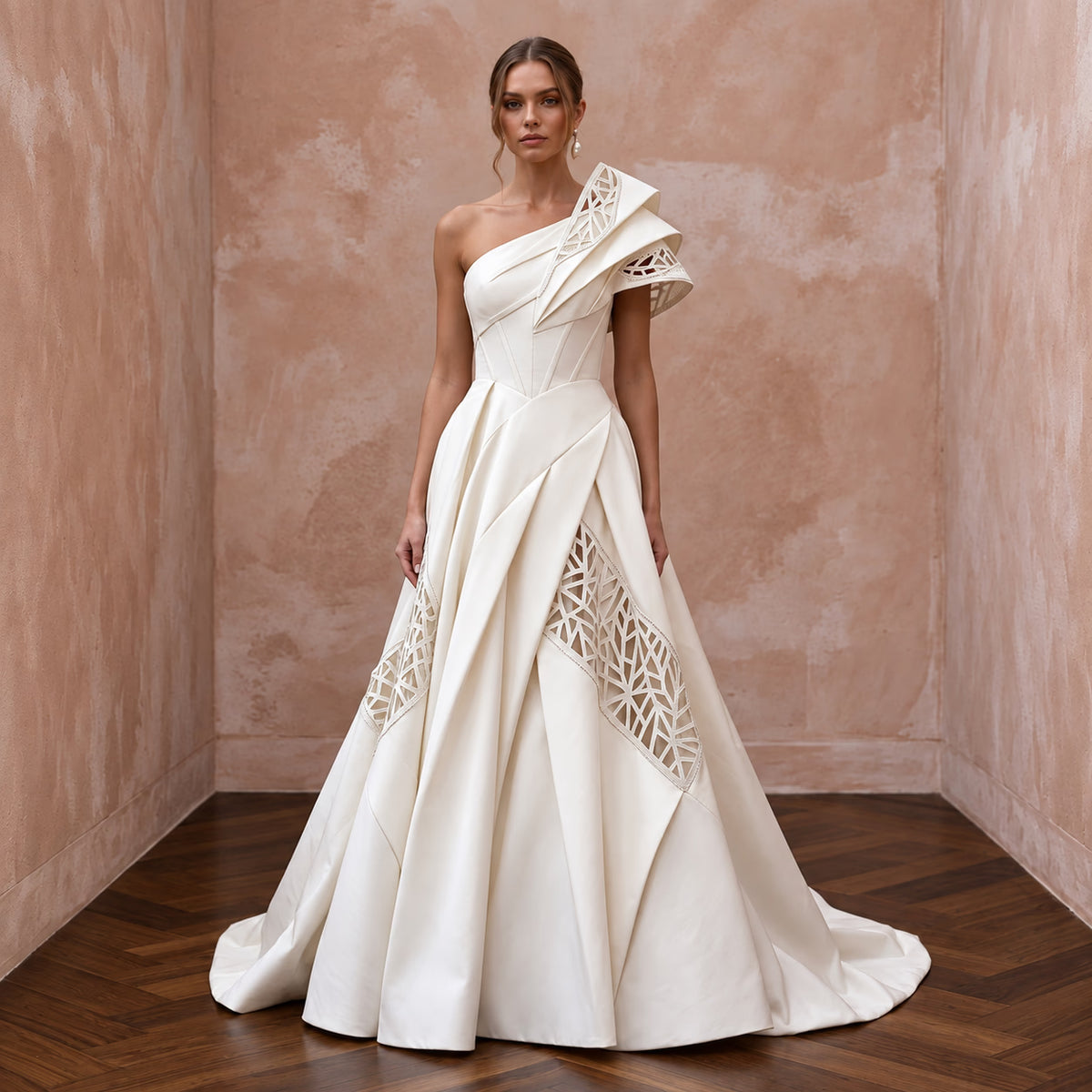 Sculptural Off-White Taffeta One-Shoulder A-Line Gown
