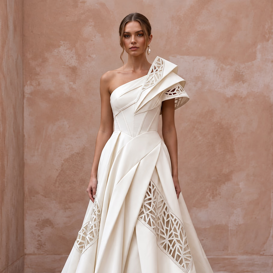 Sculptural Off-White Taffeta One-Shoulder A-Line Gown