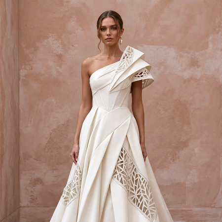 Sculptural Off-White Taffeta One-Shoulder A-Line Gown