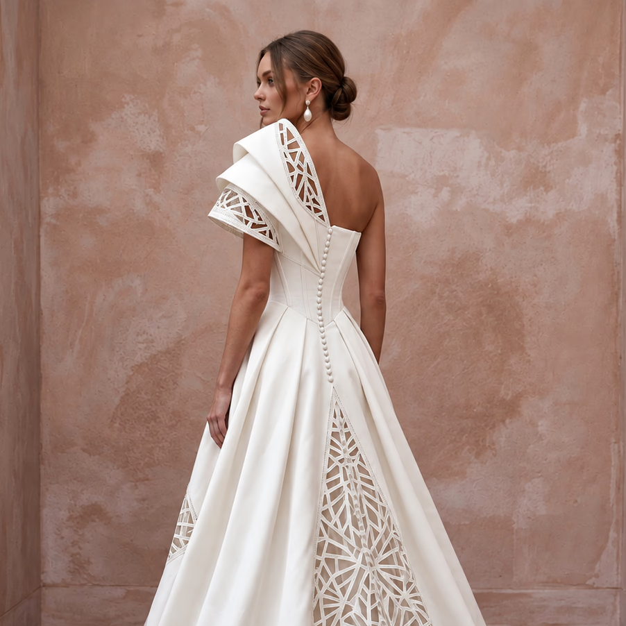 Sculptural Off-White Taffeta One-Shoulder A-Line Gown