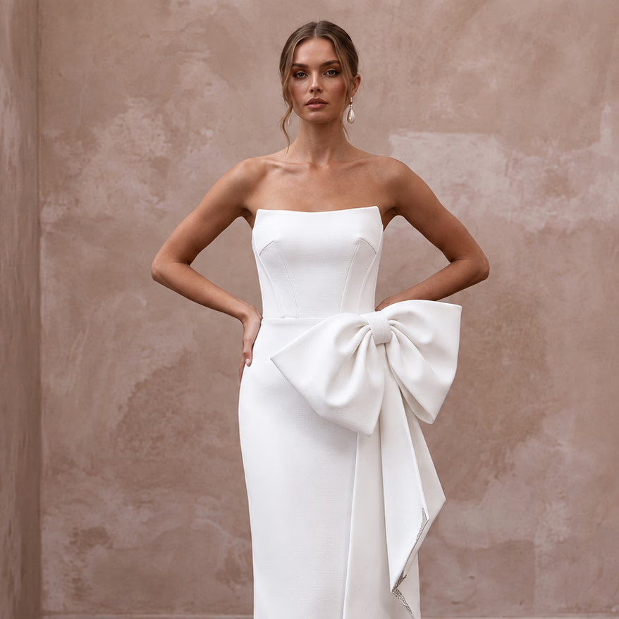Sculptural Pure White Heavy Faille Asymmetrical Bow Column Gown - Apparel & Accessories > Clothing > Wedding & Bridal Party Dresses > Wedding Dresses - Mignonette Bridal
