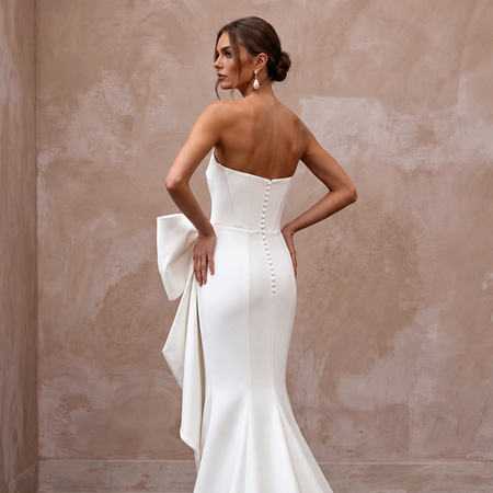 Sculptural Pure White Heavy Faille Asymmetrical Bow Column Gown - Apparel & Accessories > Clothing > Wedding & Bridal Party Dresses > Wedding Dresses - Mignonette Bridal