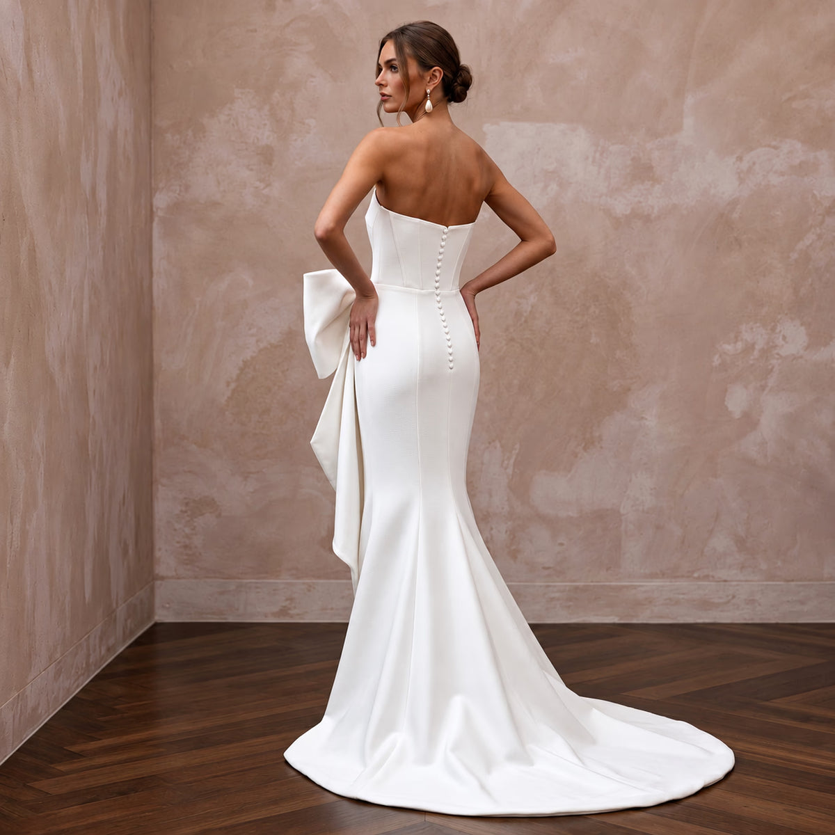 Sculptural Pure White Heavy Faille Asymmetrical Bow Column Gown - Apparel & Accessories > Clothing > Wedding & Bridal Party Dresses > Wedding Dresses - Mignonette Bridal