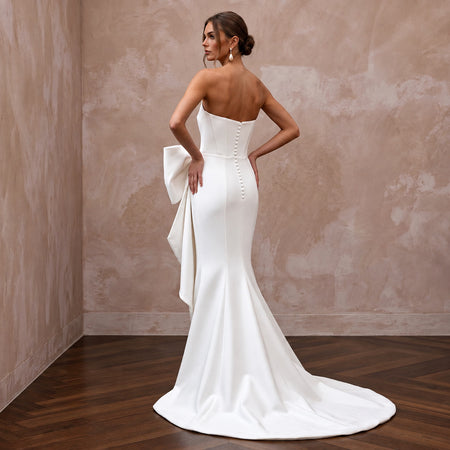 Sculptural Pure White Heavy Faille Asymmetrical Bow Column Gown - Apparel & Accessories > Clothing > Wedding & Bridal Party Dresses > Wedding Dresses - Mignonette Bridal