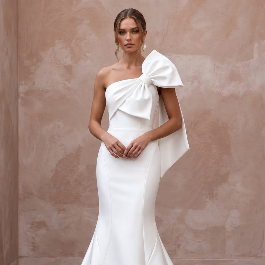 Sculptural Pure White Mikado Silk Asymmetrical Bow Fit-and-Flare Gown