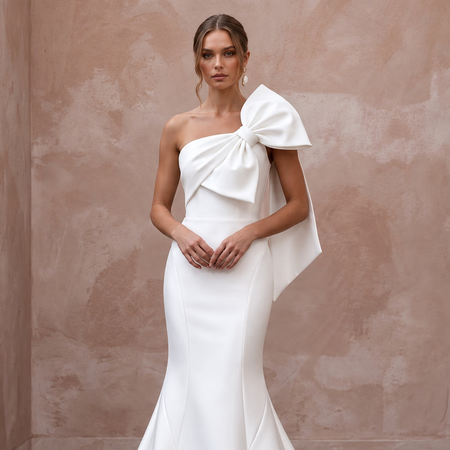 Sculptural Pure White Mikado Silk Asymmetrical Bow Fit-and-Flare Gown