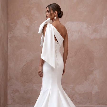 Sculptural Pure White Mikado Silk Asymmetrical Bow Fit-and-Flare Gown