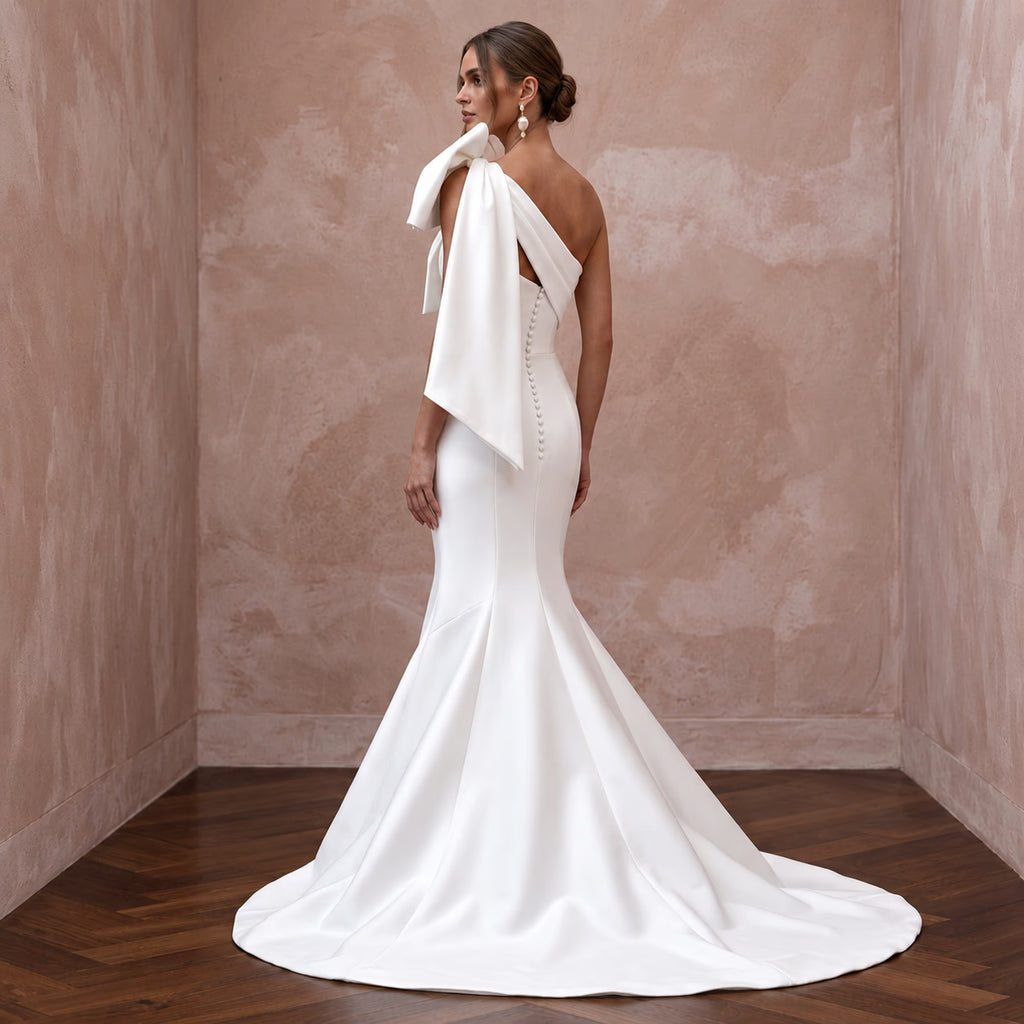 Sculptural Pure White Mikado Silk Asymmetrical Bow Fit-and-Flare Gown