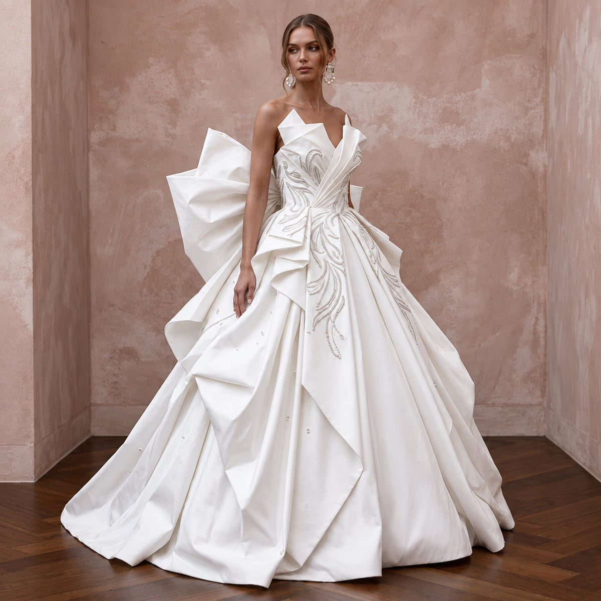 Sculptural Pure White Taffeta Asymmetrical Bow Back Ball Gown Main image
