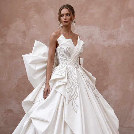 Sculptural Pure White Taffeta Asymmetrical Bow Back Ball Gown