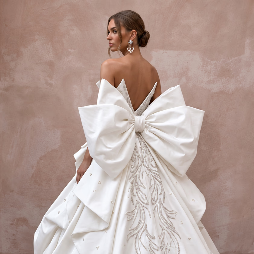 Sculptural Pure White Taffeta Asymmetrical Bow Back Ball Gown
