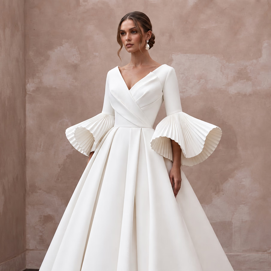 Sculptural White Faille Bell Sleeve Bridal Gown for Museum Reception