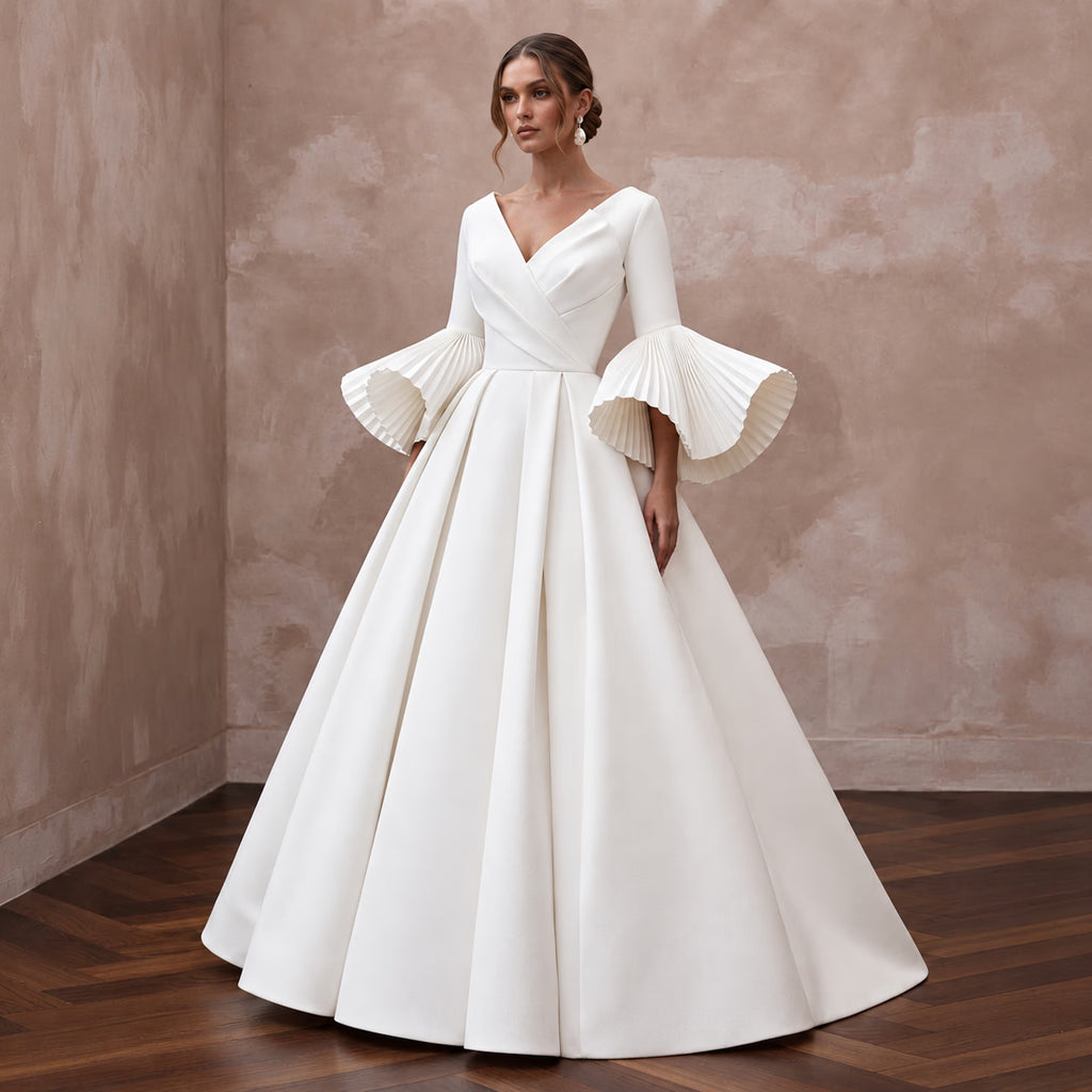 Sculptural White Faille Bell Sleeve Bridal Gown for Museum Reception