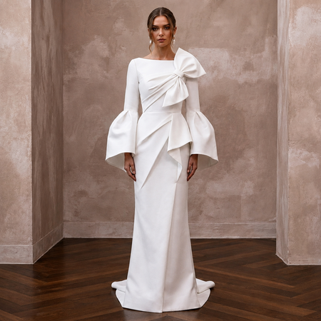 Sculptural White Faille Bell Sleeve Dress for Museum Reception