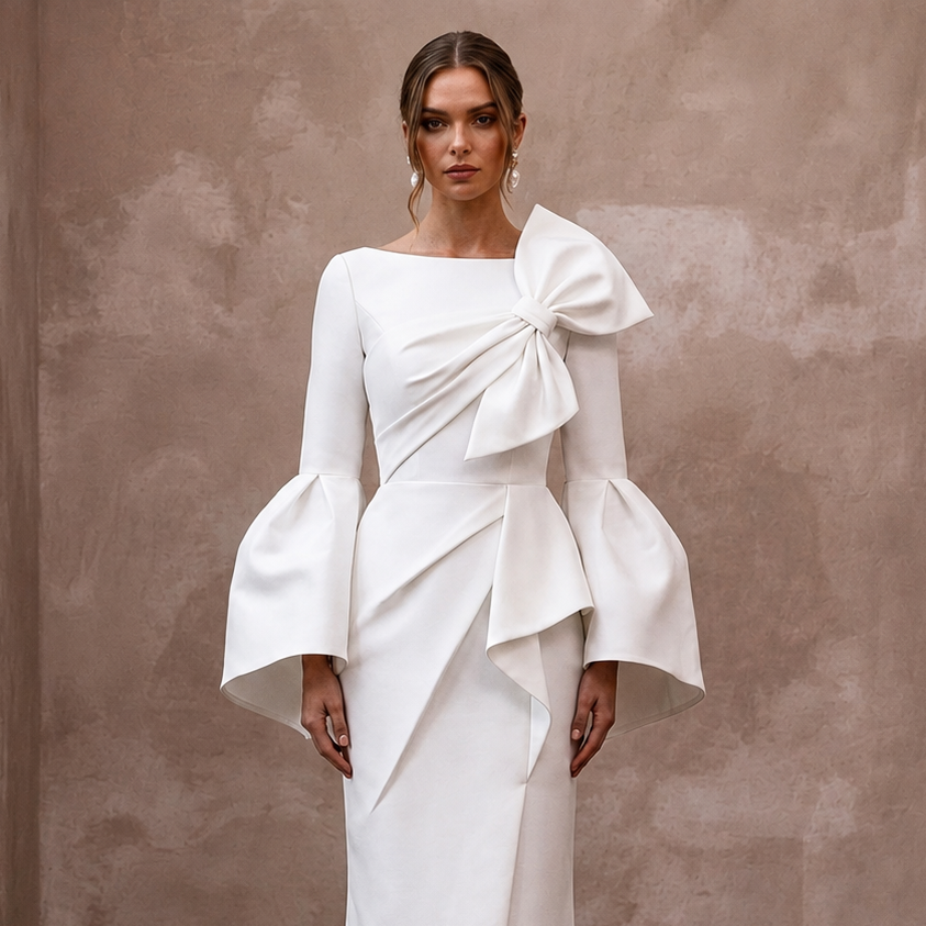 Sculptural White Faille Bell Sleeve Dress for Museum Reception