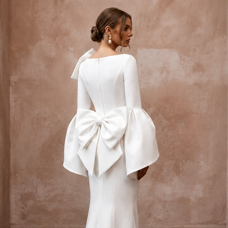 Sculptural White Faille Bell Sleeve Dress for Museum Reception