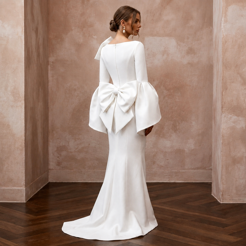 Sculptural White Faille Bell Sleeve Dress for Museum Reception