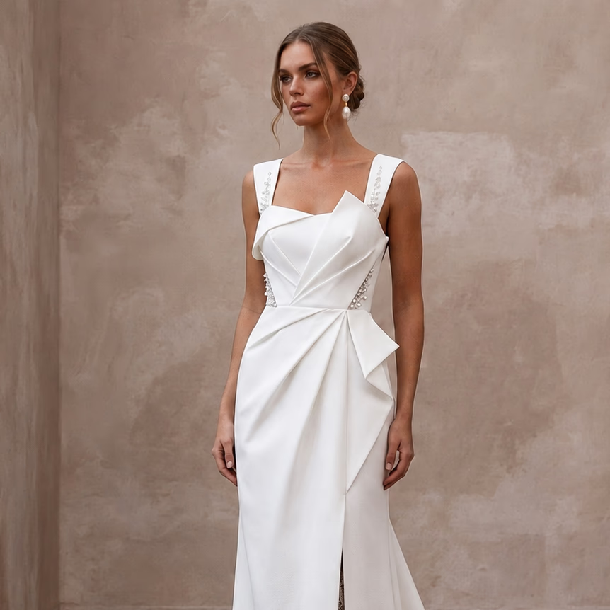 Sculptural White Faille Column Dress for Gallery Vow Renewal - Apparel & Accessories > Clothing > Wedding & Bridal Party Dresses > Wedding Dresses - Mignonette Bridal