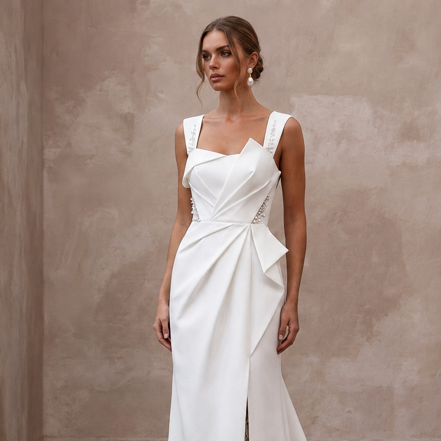 Sculptural White Faille Column Dress for Gallery Vow Renewal