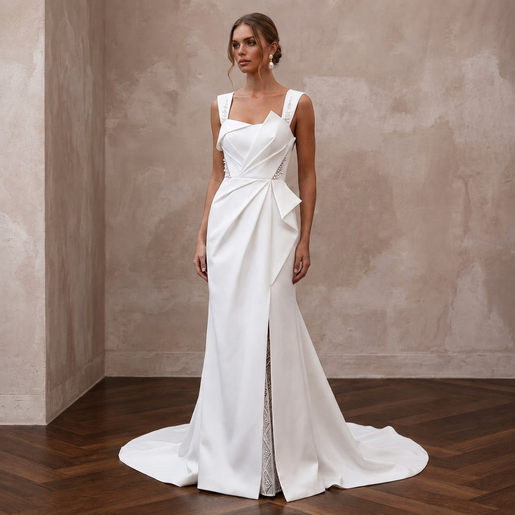 Sculptural White Faille Column Dress for Gallery Vow Renewal - Apparel & Accessories > Clothing > Wedding & Bridal Party Dresses > Wedding Dresses - Mignonette Bridal