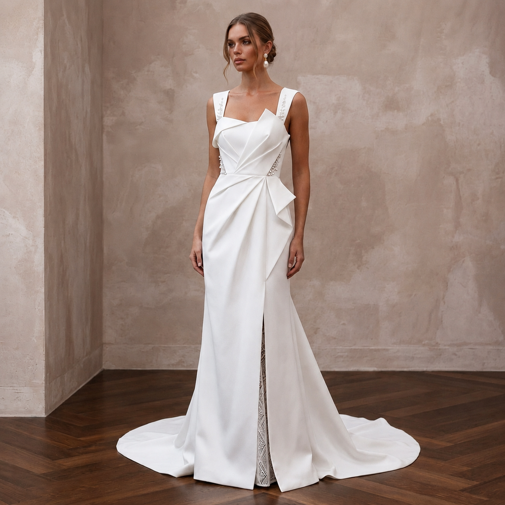 Sculptural White Faille Column Dress for Gallery Vow Renewal