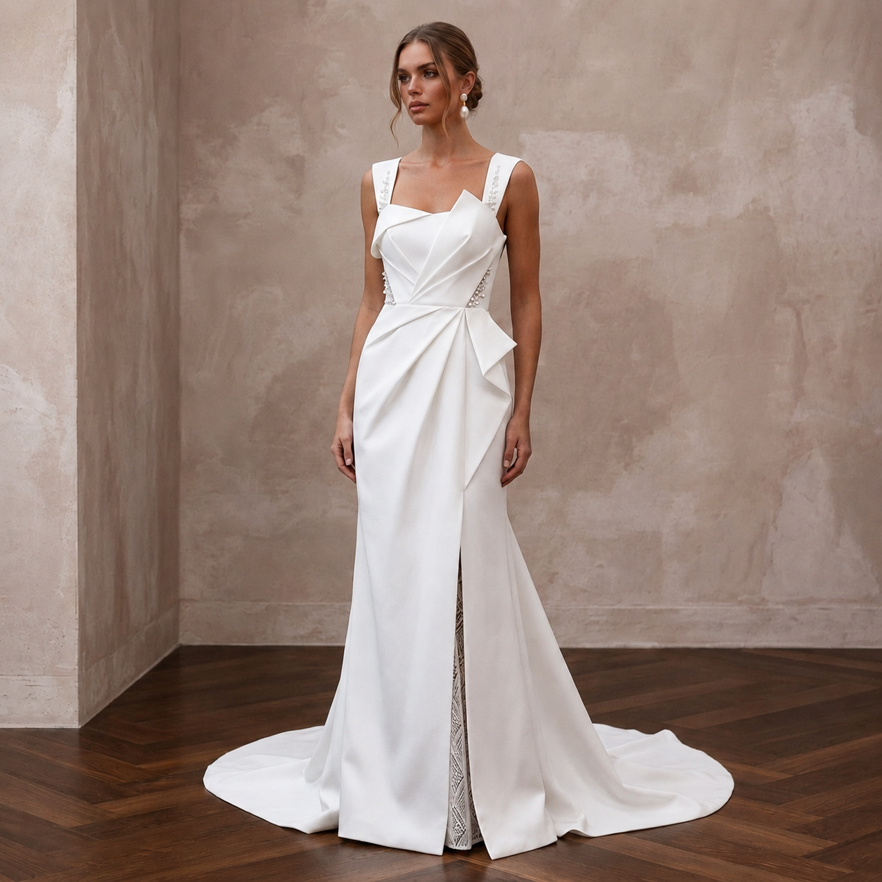 Sculptural White Faille Column Dress for Gallery Vow Renewal