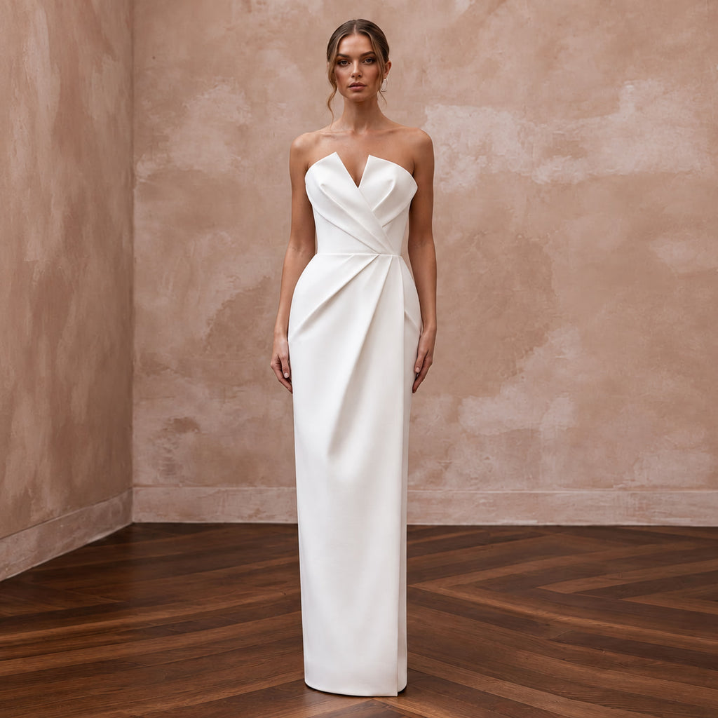 Sculptural White Faille Column Wedding Gown for Gallery Vow Renewal