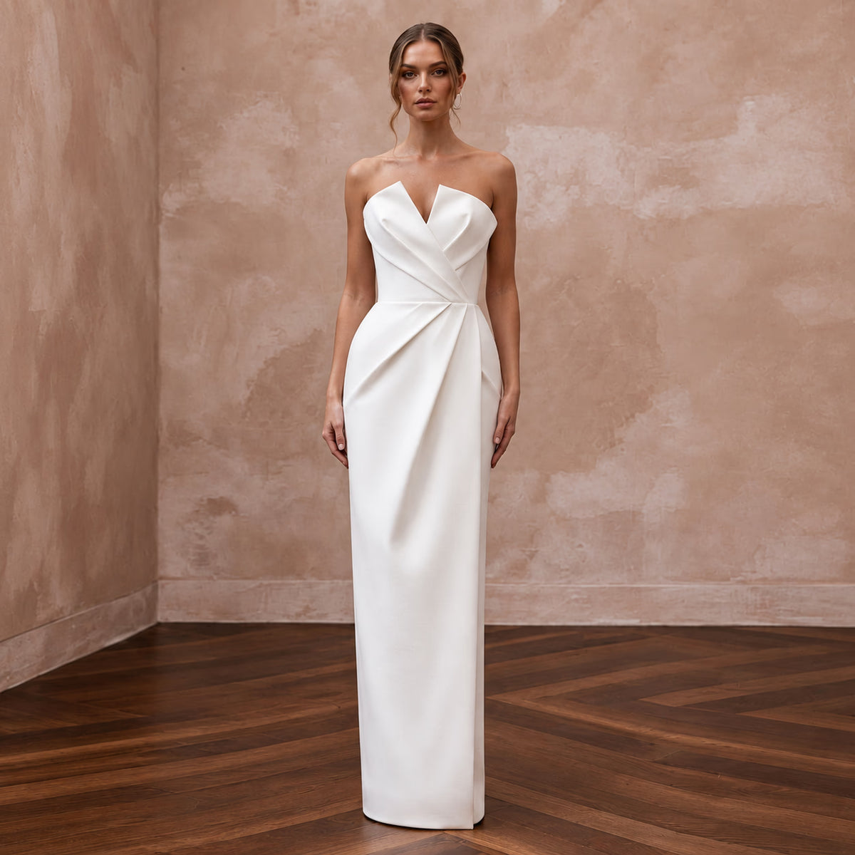 Sculptural White Faille Column Wedding Gown for Gallery Vow Renewal