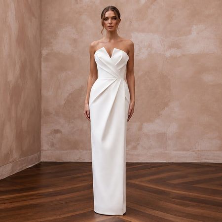Sculptural White Faille Column Wedding Gown for Gallery Vow Renewal