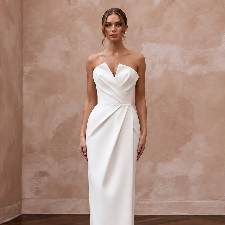 Sculptural White Faille Column Wedding Gown for Gallery Vow Renewal