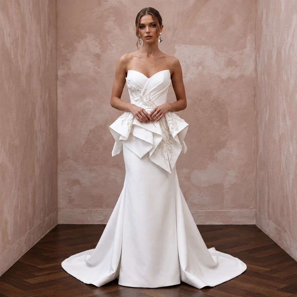 Sculptural White Faille Peplum Bodice Strapless Bridal Dress