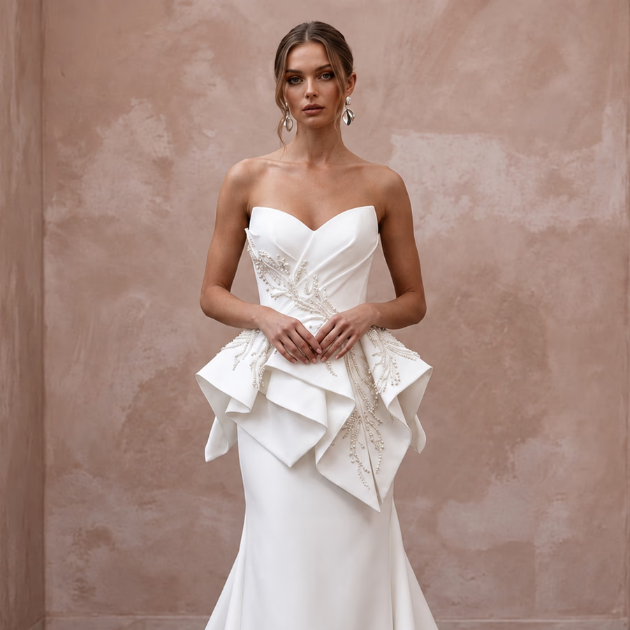 Sculptural White Faille Peplum Bodice Strapless Bridal Dress