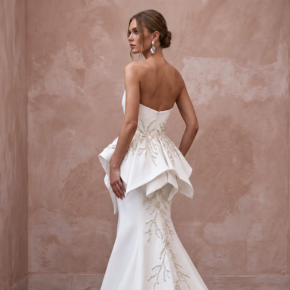 Sculptural White Faille Peplum Bodice Strapless Bridal Dress