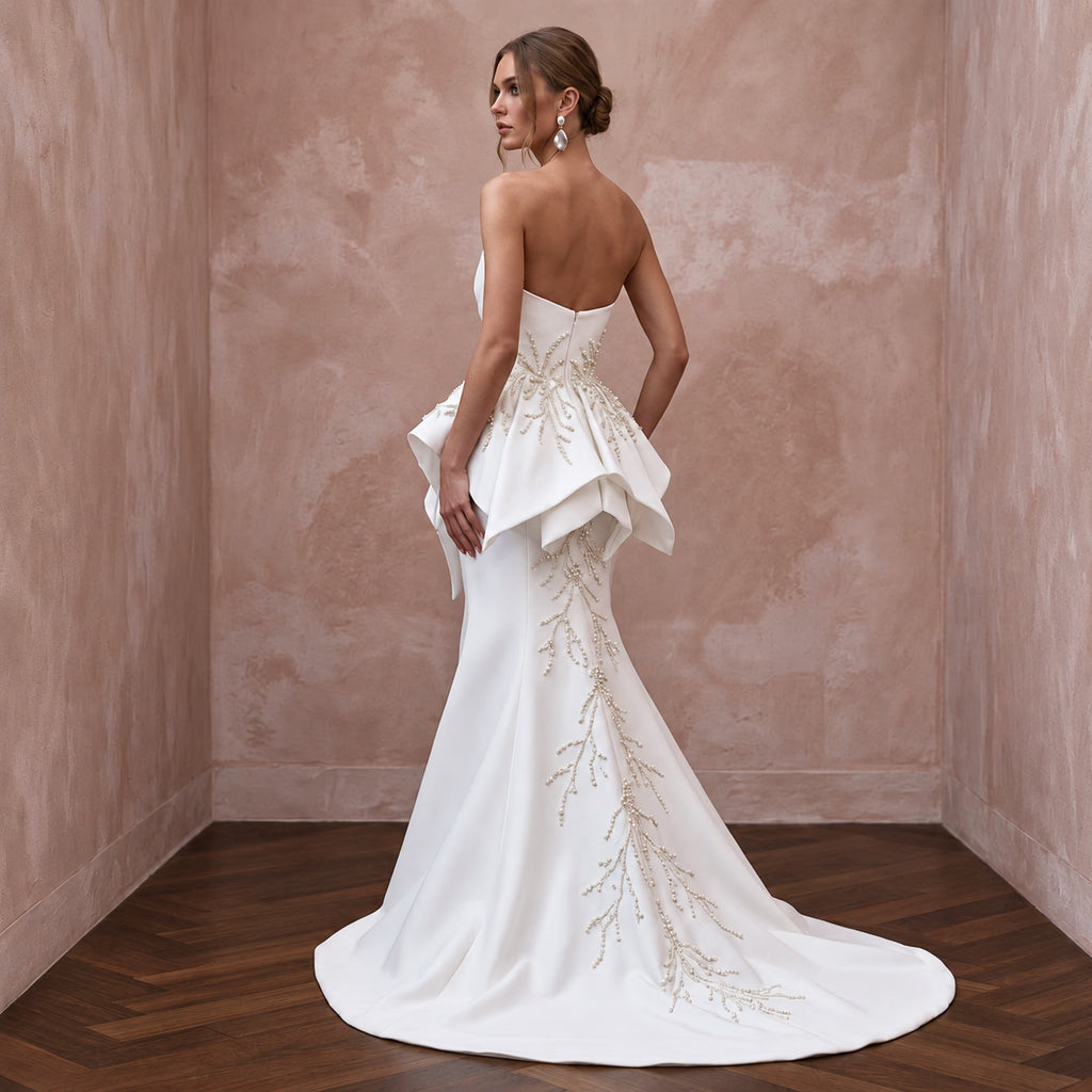 Sculptural White Faille Peplum Bodice Strapless Bridal Dress