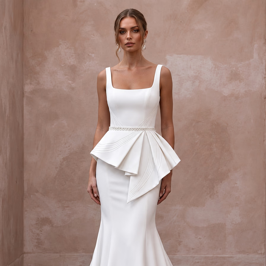 Sculptural White Matte Satin Peplum Bodice Trumpet Gown