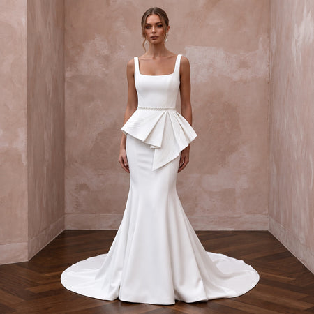 Sculptural White Matte Satin Peplum Bodice Trumpet Gown